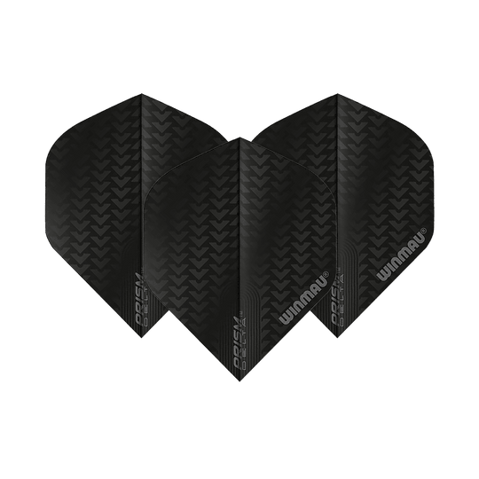 6915-200_Winmau_Prism_Delta_6915-200_Standard_Flights_1 Das Bild zeigt drei schwarze Dartflights des Modells "Winmau Prism Delta 6915.200 Standard". Auf den Flights ist ein Muster sowie das Winmau-Logo zu sehen.