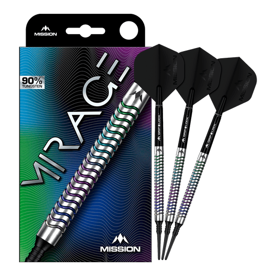 Mission Mirage soft darts - 20g Mission Mirage Softdarts - 20g sind auf diesem Bild zu sehen. Das Bild zeigt die Darts in voller Ansicht.