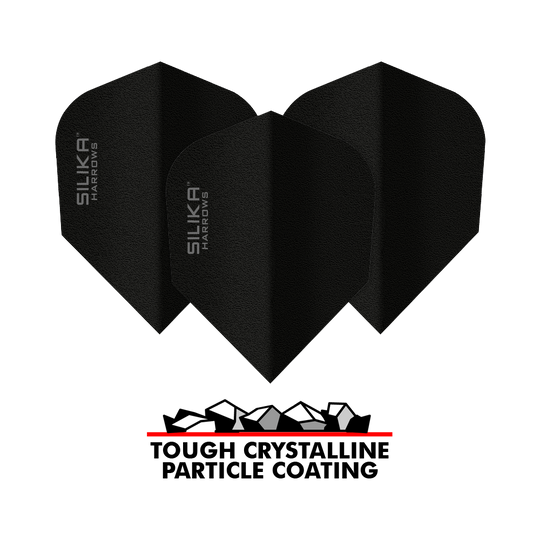 Das Bild zeigt drei schwarze Dart-Flights der Marke Harrows Silika mit der Aufschrift "SILIKA HARROWS". Unter den Flights befindet sich ein Logo mit der Aufschrift "TOUGH CRYSTALLINE PARTICLE COATING".