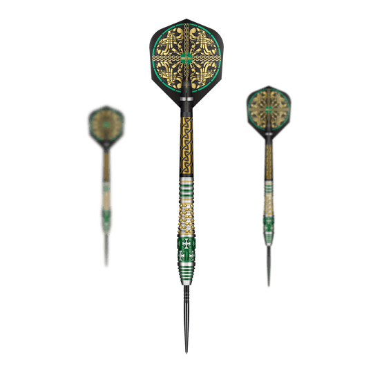 Das Bild zeigt ein Set Shot Celt Cernunnos TurboPoints Steeldarts. Die Darts sind mit Details verziert.