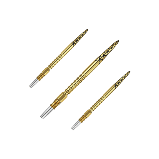Target Swiss DS Surge Point Dart Tips - Gold Das Bild zeigt drei goldene Dartspitzen mit silbernen Enden. Die Spitzen haben ein Rautenmuster und sind 30 mm lang.