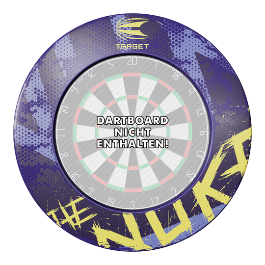 Das Bild zeigt das Produkt "Target Luke Littler The Nuke Dartboard Surround" in buntem Design. In der Mitte steht der Hinweis "Dartboard nicht enthalten!"