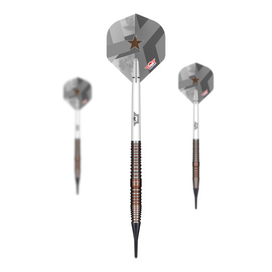 Das Bild zeigt die Bulls NL Max Hopp E5 Softdarts mit einem Gewicht von 20g. Diese Softdarts sind speziell für präzises Dartspiel entwickelt.