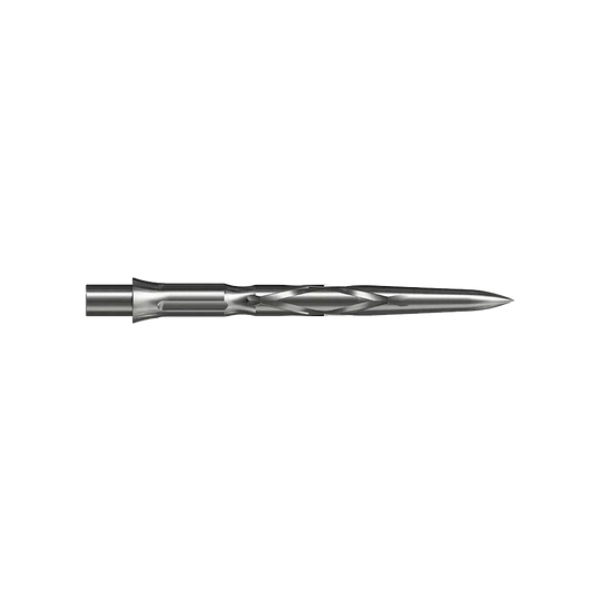 Caliburn System steel dart tips - HAN G2 - Silver Auf dem Bild ist eine silberne Steeldartspitze mit einem spiralförmigen Muster zu sehen. Sie ist schmal und hat eine spitz zulaufende Form.
