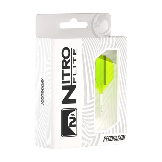 Red Dragon Nitroflite - White Shaft Yellow No2 Flights Die Abbildung zeigt eine Verpackung des Produkts "Red Dragon Nitroflite - White Shaft Yellow No2 Flights". In der Schachtel ist ein gelber Dart-Flügel mit weißem Schaft sichtbar.