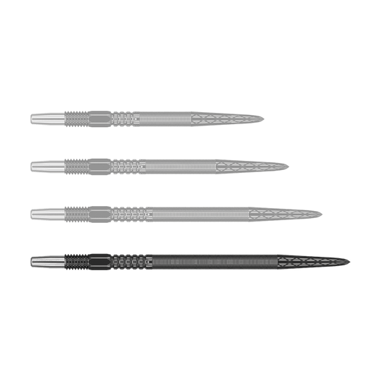 Auf dem Bild sind vier schwarze Dartspitzen in einer Reihe zu sehen. Die Spitzen haben ein silbernes Ende und ein fein strukturiertes, geriffeltes Design.