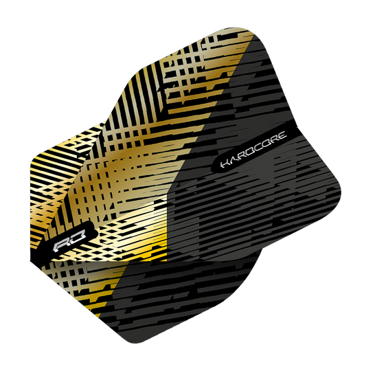 Das Bild zeigt das Produkt "Red Dragon Hardcore Premium Gold Black Fleck Standard Flights." Das Design besteht aus goldenen und schwarzen Linien mit auffälligen Mustern.