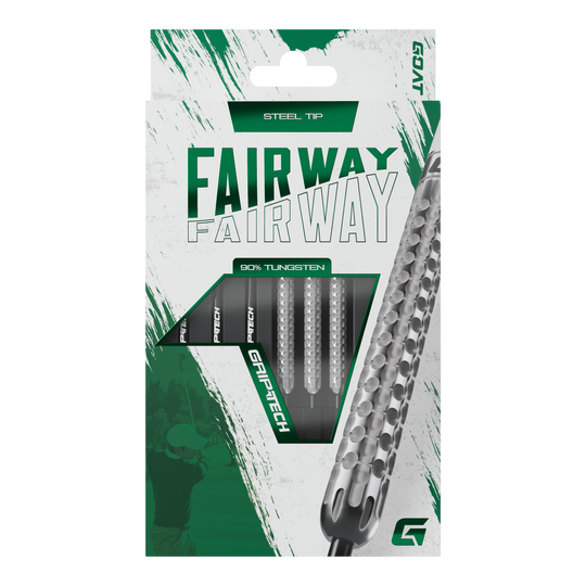 GOAT Fairway V1 Tungsten Steel Darts Die Abbildung zeigt eine Verpackung der GOAT Fairway V1 Tungsten Steeldarts. Die Darts haben eine Stahlspitze und bestehen zu 90% aus Tungsten.