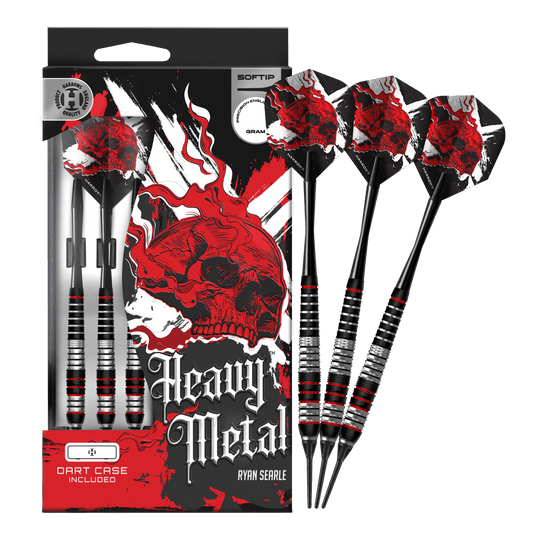 Harrows Heavy Metal Ryan Searle Brass Soft Darts Das Foto zeigt die Harrows Heavy Metal Ryan Searle Brass Softdarts in voller Länge. Die Darts sind komplett abgebildet und liegen nebeneinander.