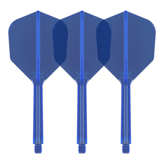 Target K-Flex No6 Flight System - Blue Das Bild zeigt drei blaue Dart-Flights mit Schäften. Sie stehen nebeneinander und sind identisch gestaltet.