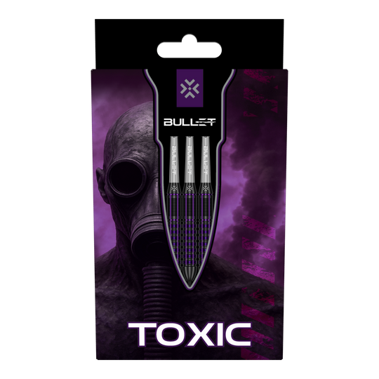 Bullet Toxic Brass Steel Darts - 23g Das Bild zeigt drei Bullet Toxic Brass Steeldarts - 23g. Sie sind aus Messing gefertigt und wiegen jeweils 23 Gramm.