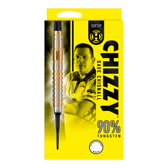 Harrow's Dave Chisnall Chizzy Series 2 soft darts Die Verpackung zeigt die "Harrows Dave Chisnall Chizzy Series 2 Softdarts" mit einem Bild von Dave Chisnall. Auf der gelben Schachtel steht, dass die Darts aus 90% Tungsten bestehen.