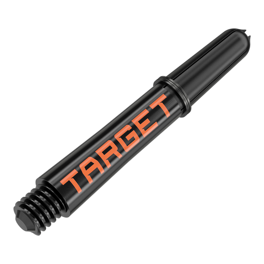 Target Pro Grip TAG Shafts - 3 Sets - Black Orange Das Bild zeigt einen schwarzen Dart-Schaft mit orangener Aufschrift "TARGET". Er hat ein Schraubgewinde an einem Ende und ist 34 mm lang.