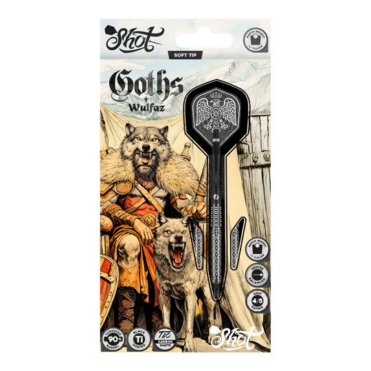 Shot Goths Wulfaz soft darts - 20g Auf dem Bild sind die Shot Goths Wulfaz Softdarts mit 20g Gewicht zu sehen. Das moderne Design sorgt für ein optimales Dartspiel.