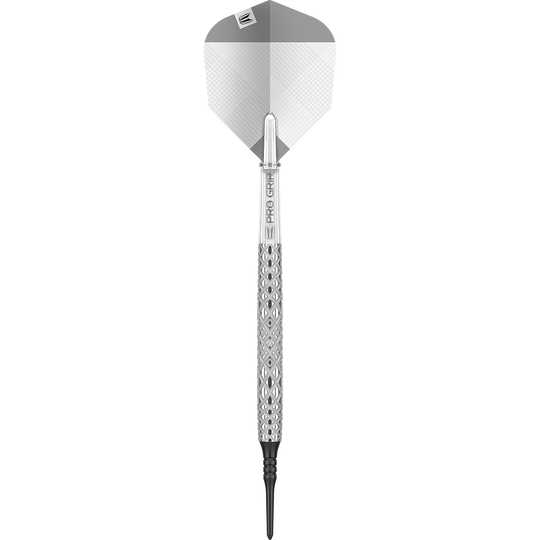 210134_Target_Nastri_10_Softdarts_1mgGQoF9nkYXG5 Das Bild zeigt einen Target Nastri 10 Softdart. Der Dartpfeil hat ein silbernes, gemustertes Griffstück und eine graue Flightscheibe.
