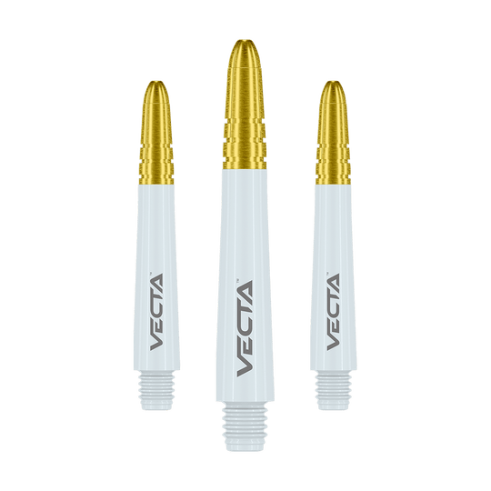 Winmau Vecta Shafts - Weiß Gold Das Bild zeigt drei Dartschafts mit weißen Körpern und goldfarbenen Spitzen. Auf jedem Schaft steht das Wort "VECTA".