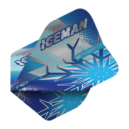 Das Bild zeigt die Dartflights „Red Dragon Gerwyn Price Blue Flake No2 Standard Flights“ in Blau mit Eiskristall-Design. Auf den Flights steht groß das Wort „ICEMAN“.