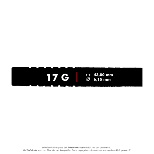 McDart 85 Tungsten V1 soft darts - 17g Das Bild zeigt die Produktinformationen zu den McDart 85er Tungsten V1 Softdarts mit einem Gewicht von 17 Gramm. Die Darts sind 43,00 mm lang und haben einen Durchmesser von 6,15 mm.