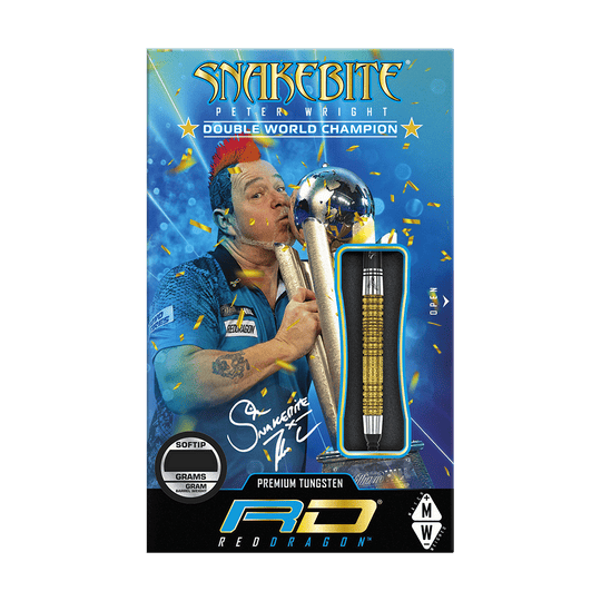 Red Dragon Peter Wright Double World Champion SE Gold Plus Softdarts - 20g Das Bild zeigt die Verpackung der "Red Dragon Peter Wright Double World Champion SE Gold Plus Softdarts - 20g". Auf der Verpackung ist ein Bild von Peter Wright mit Pokal und einem goldfarbenen Dart abgebildet.