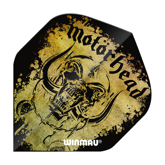 Das Bild zeigt einen Dart-Flügel mit dem Schriftzug "Motörhead" und einem auffälligen Totenkopf-Design. Unten steht das Logo "Winmau" auf einem gelb-schwarzen, gesprenkelten Hintergrund.