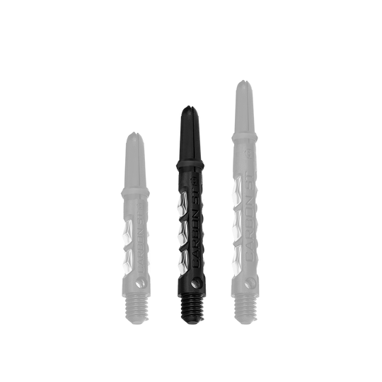 Das Bild zeigt drei Harrows Carbon ST Shafts in transparenter Ausführung. Die Dart-Schäfte sind unterschiedlich lang und aus robustem Material gefertigt.