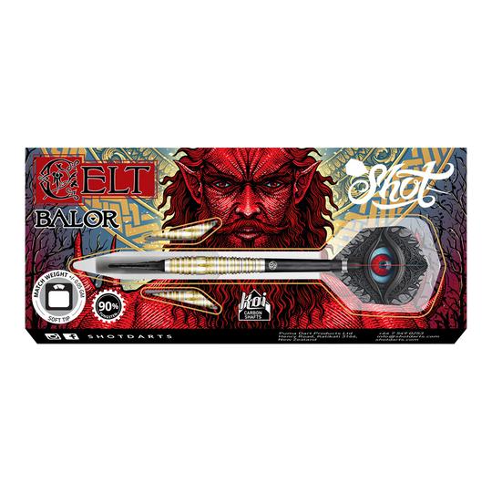 Shot Celt Balor Softdarts Die Abbildung zeigt die „Shot Celt Balor Softdarts“ in ihrer Verpackung. Auf der Verpackung ist ein auffälliges, rotes Fantasy-Gesicht im Hintergrund zu sehen.
