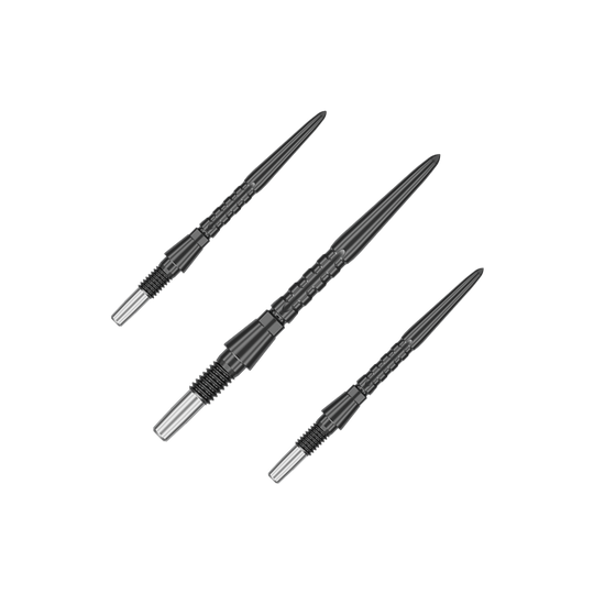 Target Swiss Point Storm Surge Steel Dart Tips - Black Das Bild zeigt drei schwarze Steeldartspitzen, die parallel angeordnet sind. Sie haben eine metallische Aufnahme am hinteren Ende und eine strukturierte Oberfläche.