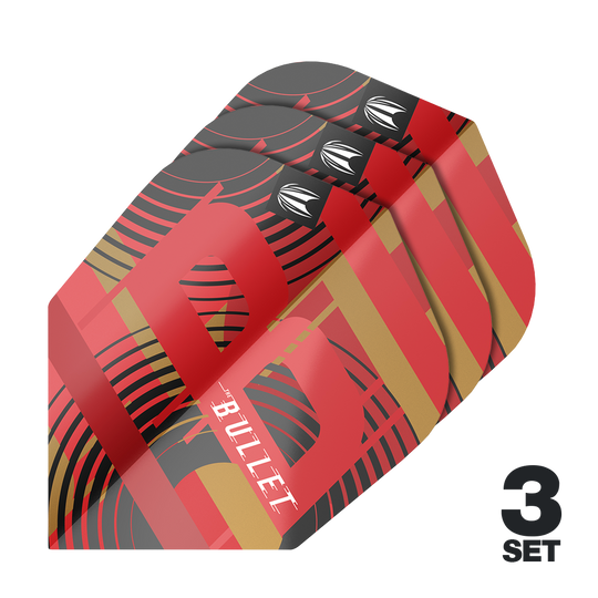 Target Pro Ultra Stephen Bunting GEN5 No6 Flights - 3 Sets Das Bild zeigt drei Sätze der Target Pro Ultra Stephen Bunting GEN5 No6 Flights. Die Flights sind rot, schwarz und gold gefärbt und tragen das Wort "BULLET".