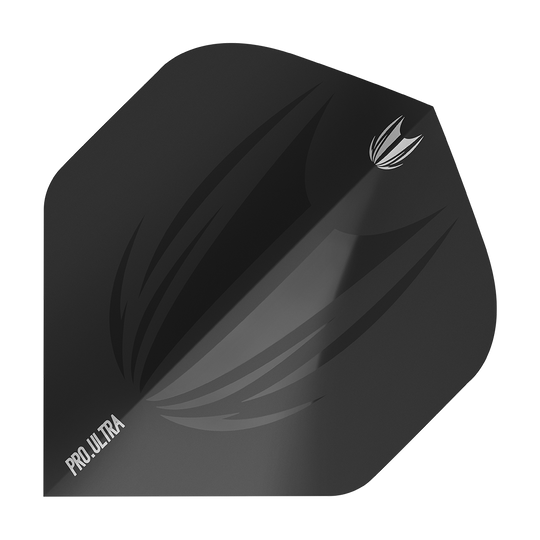 Das Bild zeigt das Produkt "Target ProUltra ID Black No2 Standard Flights". Es handelt sich um ein schwarzes Dart-Flügel mit dezentem Muster und weißem "PRO ULTRA"-Schriftzug.