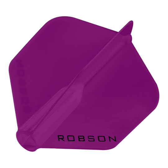 Robson Plus Flights - Standard Das Bild zeigt ein violettes Dartflight mit sechseckiger Form. Auf dem Flight steht das Wort "ROBSON" in schwarzen Buchstaben.