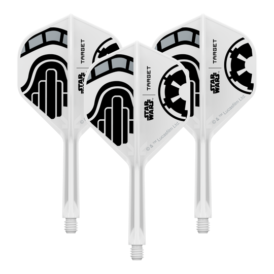 Abgebildet ist ein Set von Dart-Flights der Star Wars KFlex Stormtrooper No2 Standard Serie. Die Flights sind für den Intermediate-Bereich und haben eine Länge von 26 mm.