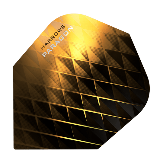 Das Bild zeigt ein goldfarbenes Dart-Flight mit geometrischem Muster. Auf dem Flight steht der Text „Harrows Paragon“.