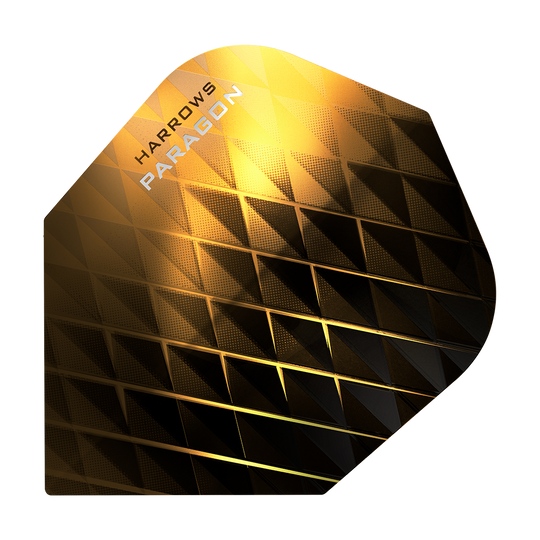 HR7605_Harrows_Paragon_Gold_No2_Standard_Flights_1 Das Bild zeigt ein goldfarbenes Dart-Flight mit geometrischem Muster. Auf dem Flight steht der Text „Harrows Paragon“.