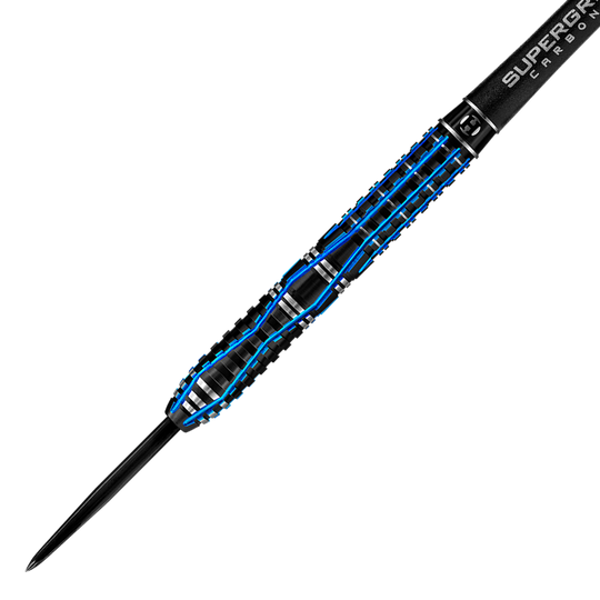 HA28917_Harrows_Ice_Recut_Steeldarts_2 Das Bild zeigt einen Harrows Ice Recut Steeldart mit schwarzem und blauem Design. Der Dartpfeil wirkt modern und hochwertig verarbeitet.