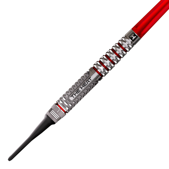 Harrows Damon Heta Geo Softdarts mit 18g sind dargestellt. Die Darts sind metallisch und präzise gearbeitet.