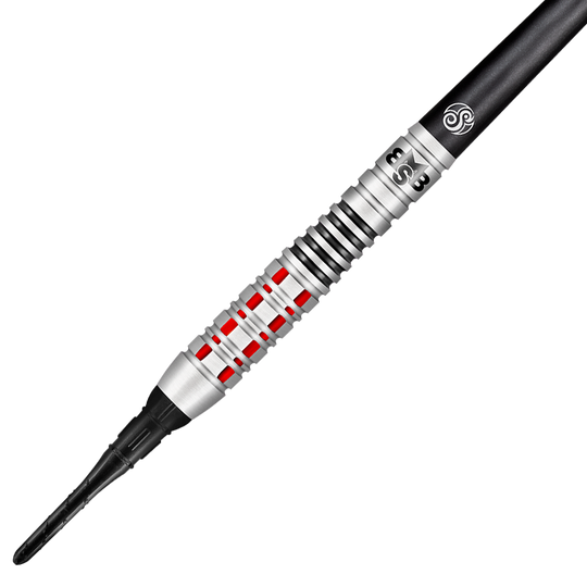 Shot Michael Smith Believe soft darts Das Bild zeigt einen Shot Michael Smith Believe Softdart. Der Dart hat ein silbernes Design mit roten und schwarzen Akzenten.