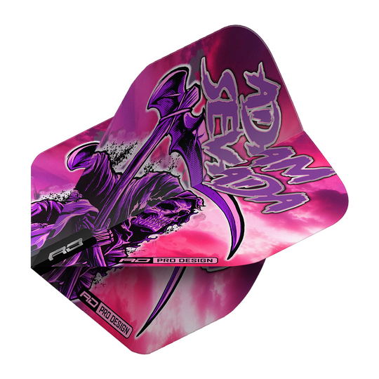 Dieses Bild zeigt die Red Dragon Hardcore Adam Sevada Premium No2 Standard Flights. Die Flights sind in auffälligem Pink und Lila gestaltet und zeigen einen düsteren Sensenmann mit der Aufschrift „Adam Sevada“.