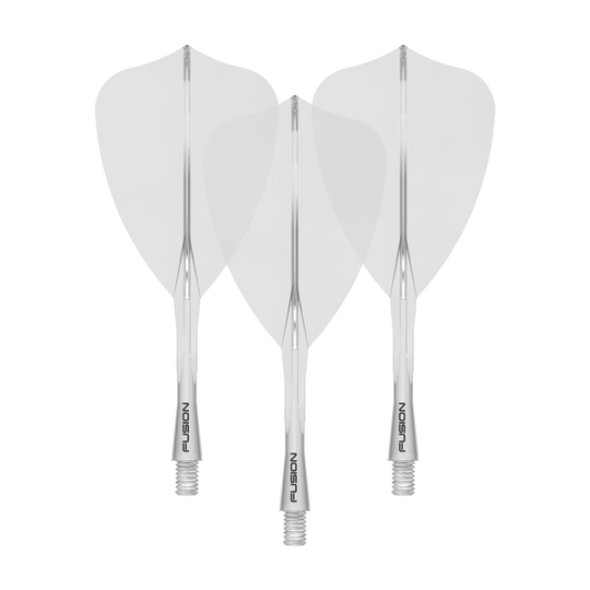 Ein Bild zeigt einen Flight Shaft, vermutlich für Darts. Das Produkt wird durch den Dateinamen als 'Winmau Fusion Flight Shaft System Arrow Clear 28mm 1Set' beschrieben.
