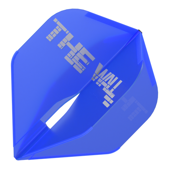 Dies ist ein blauer Dartflight des Modells "L-Style Martin Schindler Blau L1PRO". Auf dem Flight steht in weißen Blockbuchstaben "THE WALL".