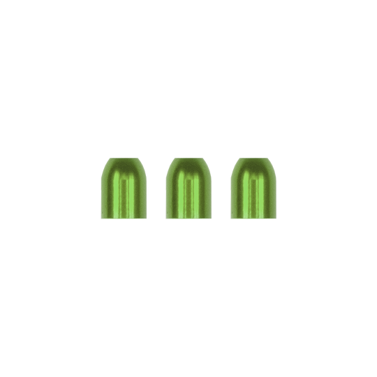Das Bild zeigt drei grüne L-Style Premium Metall Champagne Ringe. Sie sind nebeneinander in einer Reihe angeordnet.