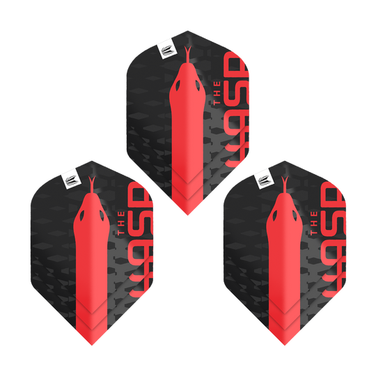 Das Bild zeigt drei schwarze Dart-Flights mit einem roten Schlangenkopf und der Aufschrift "THE ASP". Es handelt sich um das Produkt "Target Pro Ultra Nathan Aspinall No2 Standard Flights - 3 Sets".