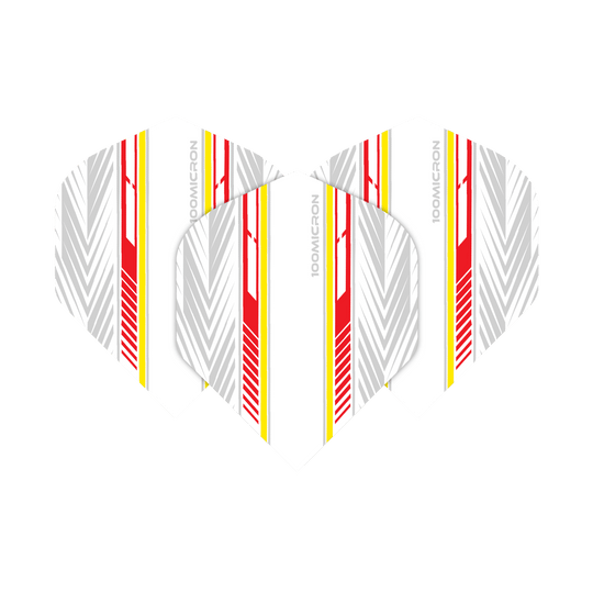 Pentathlon Flights white/red/yellow Das Bild zeigt die Pentathlon White Red Yellow No2 Standard Flights in einem modernen Design. Die Flights sind weiß mit roten, gelben und grauen Streifen verziert.