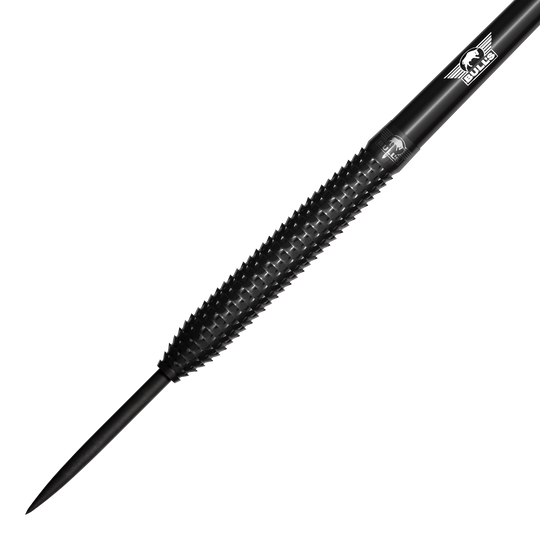 Bulls NL Shark Pro Black Steel Darts Das Bild zeigt einen schwarzen Steeldart mit einer strukturierten Griffzone. Auf dem Dart ist das Bulls NL Logo zu sehen.