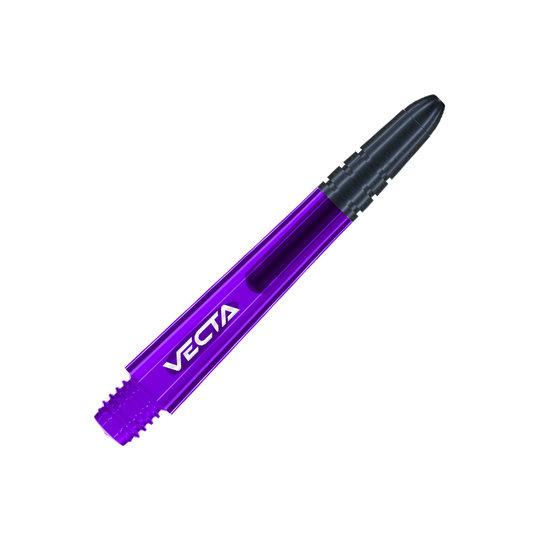 Winmau Vecta Shafts - Purple Black Das Bild zeigt einen lila und schwarzen Dart-Schaft mit der Aufschrift "VECTA". Der Schaft hat ein glattes, modernes Design und misst 37 mm.