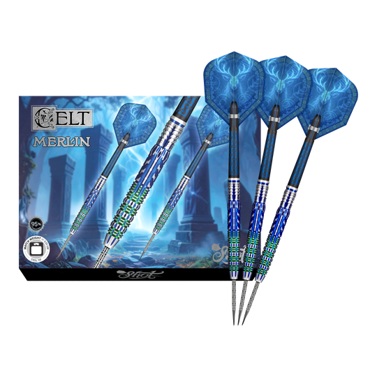 Hier sieht man die Shot Celt Merlin Steeldarts in voller Ansicht. Sie eignen sich für professionelle Spieler.