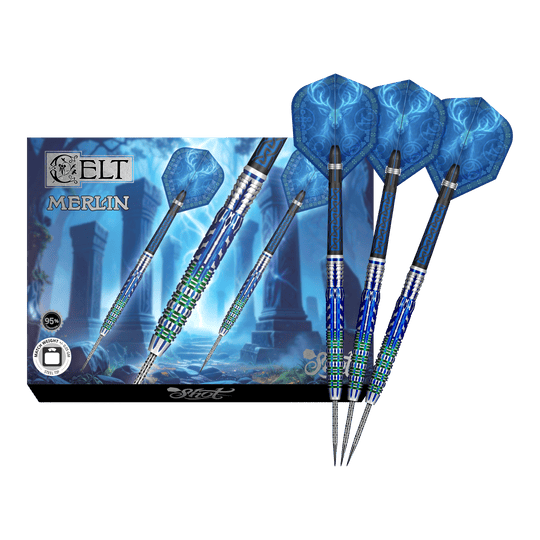 Shot Celt Merlin steel darts Hier sieht man die Shot Celt Merlin Steeldarts in voller Ansicht. Sie eignen sich für professionelle Spieler.