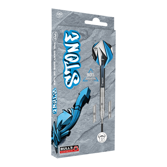 Bulls Stone S1 Steeldarts Das Bild zeigt die Verpackung der "Bulls Stone S1 Steeldarts". Die Darts bestehen zu 90% aus Tungsten und haben ein modernes, blau-graues Design.