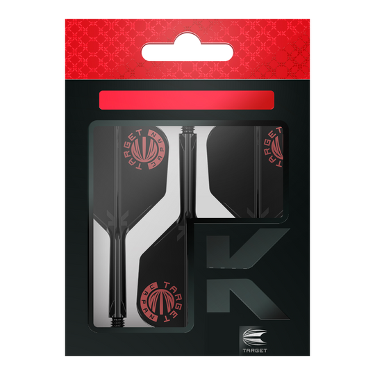 Das Bild zeigt die Verpackung des Produkts "Target Japan K-Flex Original Logo Red Black No6 Flight-Shaft-System". Die Verpackung ist schwarz mit roten Akzenten und dem Target-Logo sichtbar.