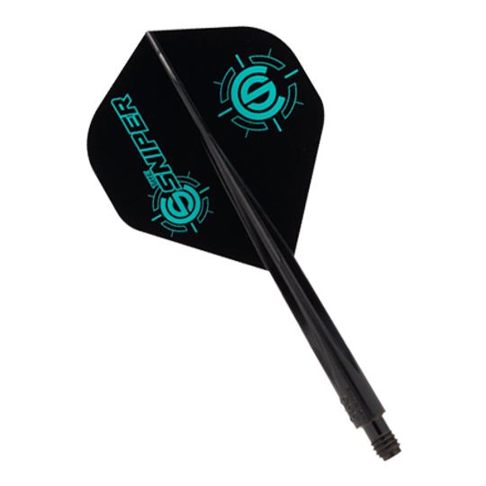 Condor AXE The Sniper Flight-System - Standard Das Bild zeigt das Produkt "Condor AXE The Sniper Flight-System - Standard". Es handelt sich um ein schwarzes Dart-Flight-System mit türkisfarbenen Logos und der Aufschrift "Sniper".