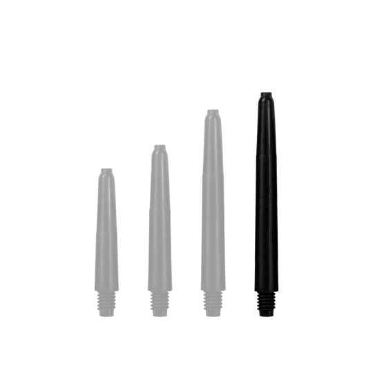 Das Bild zeigt vier schwarze Nylon-Schäfte in unterschiedlicher Länge. Sie sind nebeneinander angeordnet und werden vermutlich für Dartpfeile verwendet.